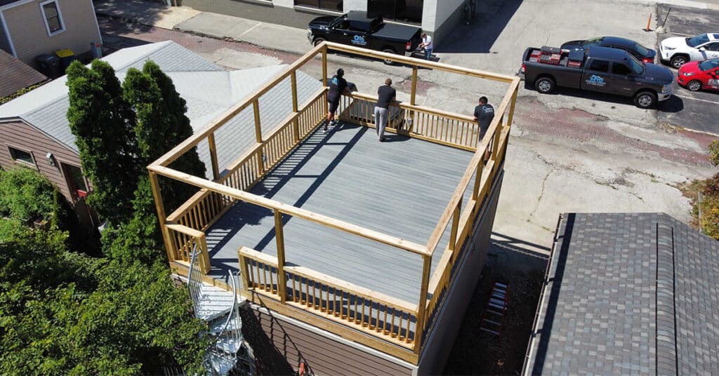 Indianapolis Garage Roof Deck Installation with spiral staircase
